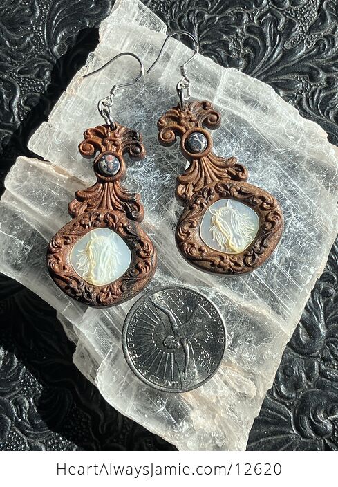 Carved Horse Earrings in Mother of Pearl with Leopard Skin Jasper Stone in Wood Jewelry - #kocxuWToy8A-3