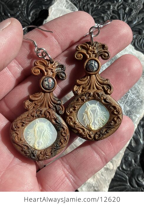 Carved Horse Earrings in Mother of Pearl with Leopard Skin Jasper Stone in Wood Jewelry - #kocxuWToy8A-1