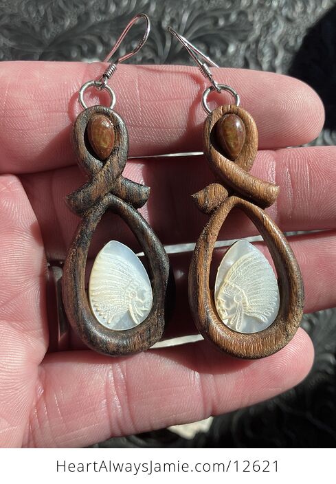 Carved Indigenous Native American Skull Earrings in Mother of Pearl with Jasper Stone in Wood Jewelry - #voKxthlja1Q-4