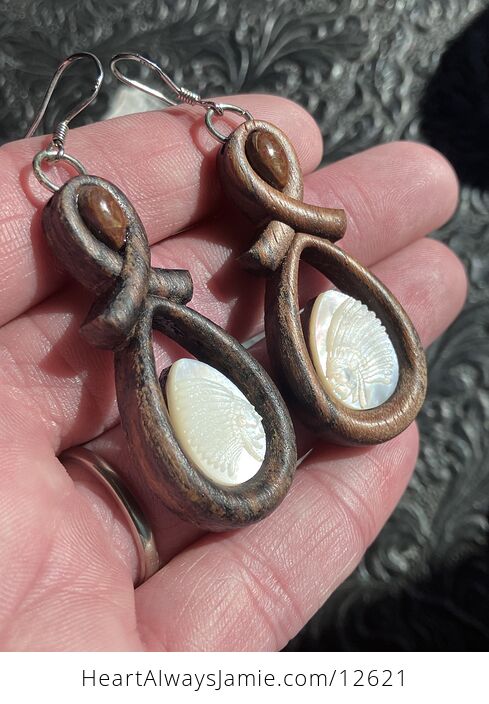 Carved Indigenous Native American Skull Earrings in Mother of Pearl with Jasper Stone in Wood Jewelry - #voKxthlja1Q-5