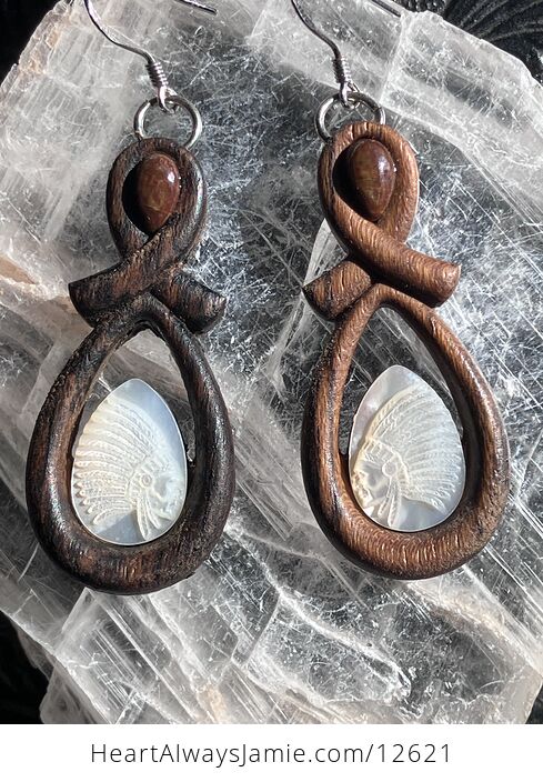 Carved Indigenous Native American Skull Earrings in Mother of Pearl with Jasper Stone in Wood Jewelry - #voKxthlja1Q-1