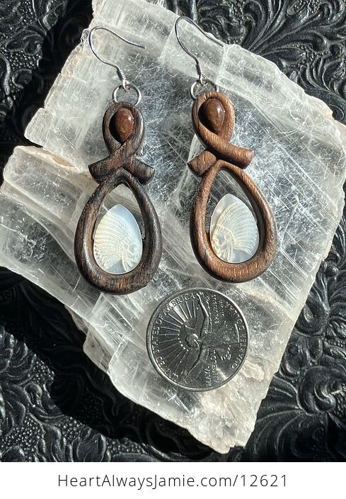 Carved Indigenous Native American Skull Earrings in Mother of Pearl with Jasper Stone in Wood Jewelry - #voKxthlja1Q-3