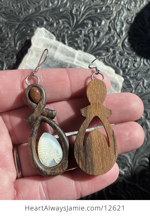 Carved Indigenous Native American Skull Earrings in Mother of Pearl with Jasper Stone in Wood Jewelry - #voKxthlja1Q-6