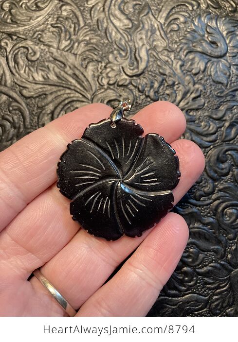 Carved Mother of Pearl Shell Hibiscus Flower Jewelry Pendant - #KNHv3Pz0Iz0-1