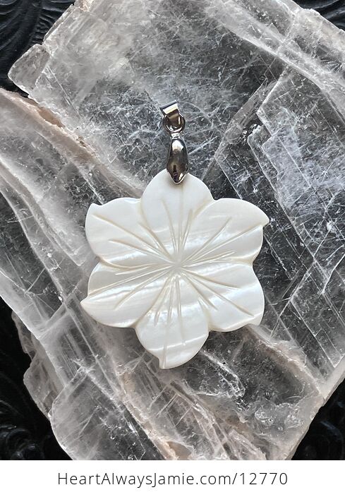 Carved Mother of Pearl Shell Nacre Hibiscus Flower Jewelry Pendant - #c3sHuMwoBdo-6