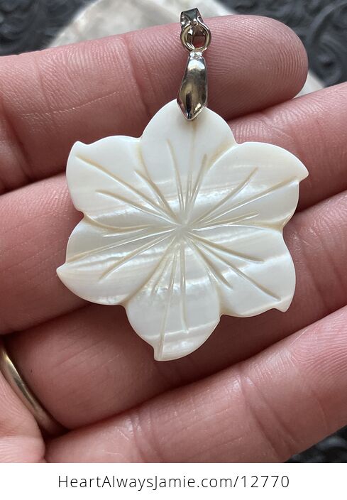 Carved Mother of Pearl Shell Nacre Hibiscus Flower Jewelry Pendant - #c3sHuMwoBdo-1