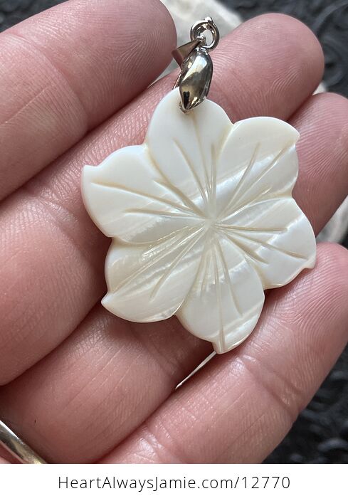 Carved Mother of Pearl Shell Nacre Hibiscus Flower Jewelry Pendant - #c3sHuMwoBdo-3