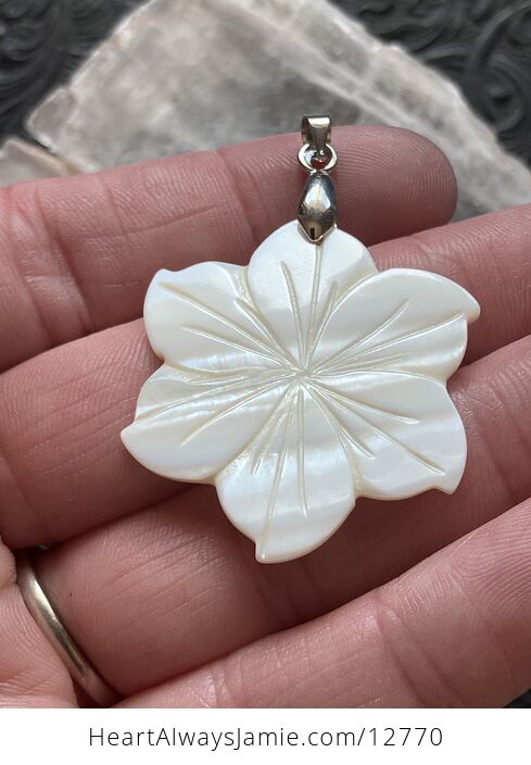 Carved Mother of Pearl Shell Nacre Hibiscus Flower Jewelry Pendant - #c3sHuMwoBdo-2