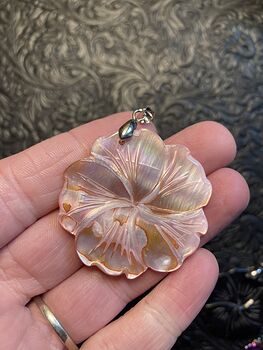 Carved Pink Mother of Pearl Shell Hibiscus Flower Jewelry Pendant #JPTQOkZZh4E