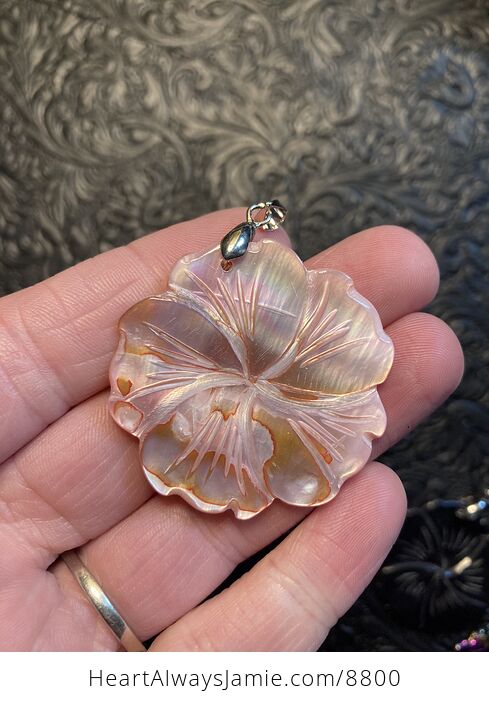 Carved Pink Mother of Pearl Shell Hibiscus Flower Jewelry Pendant - #JPTQOkZZh4E-1