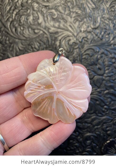 Carved Pink Mother of Pearl Shell Hibiscus Flower Jewelry Pendant - #cG2E3KnszBo-1