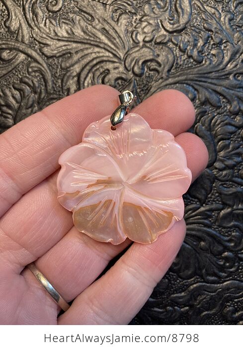 Carved Pink Mother of Pearl Shell Hibiscus Flower Jewelry Pendant - #nSwbwtKlj3g-1