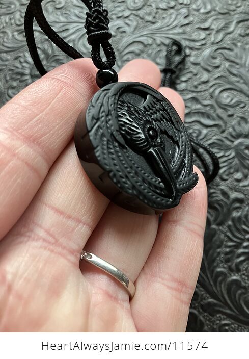 Carved Raven Black Obsidian Stone Crystal Pendant Necklace - #m1HyhmNHTJk-6