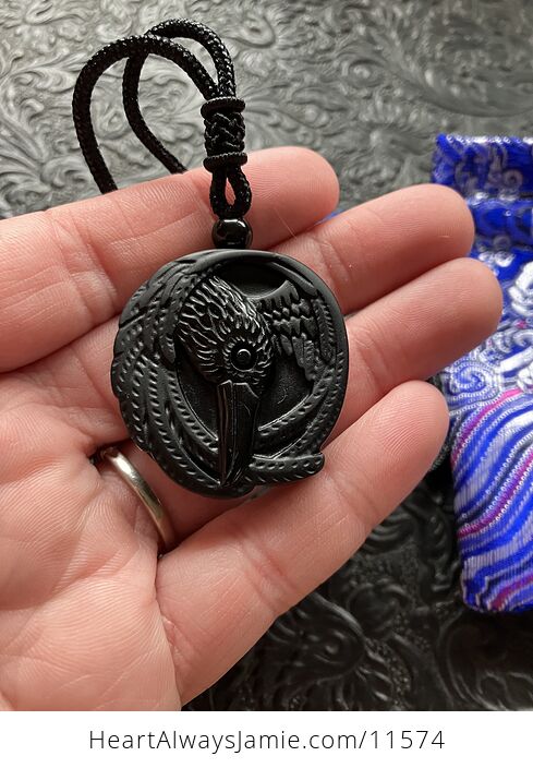 Carved Raven Black Obsidian Stone Crystal Pendant Necklace - #m1HyhmNHTJk-3