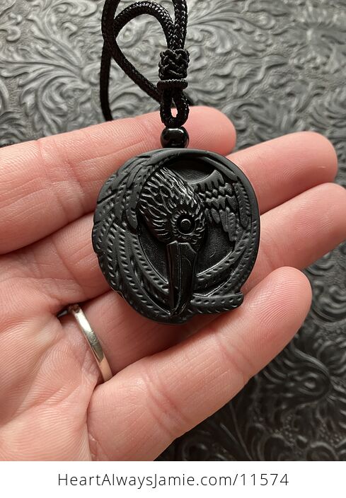 Carved Raven Black Obsidian Stone Crystal Pendant Necklace - #m1HyhmNHTJk-5