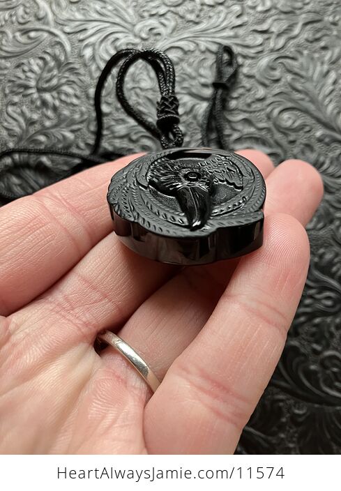 Carved Raven Black Obsidian Stone Crystal Pendant Necklace - #m1HyhmNHTJk-7