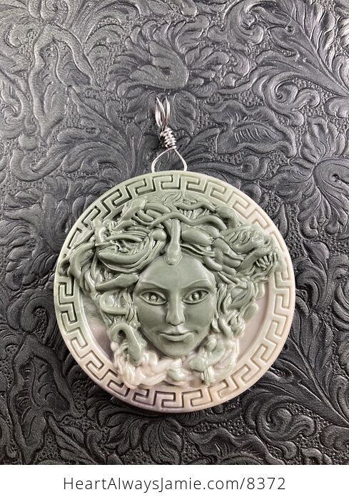 Carved Round Medusa Greek Mythology Gorgon Jasper Stone Jewelry Pendant - #ekYC7N51qjA-2