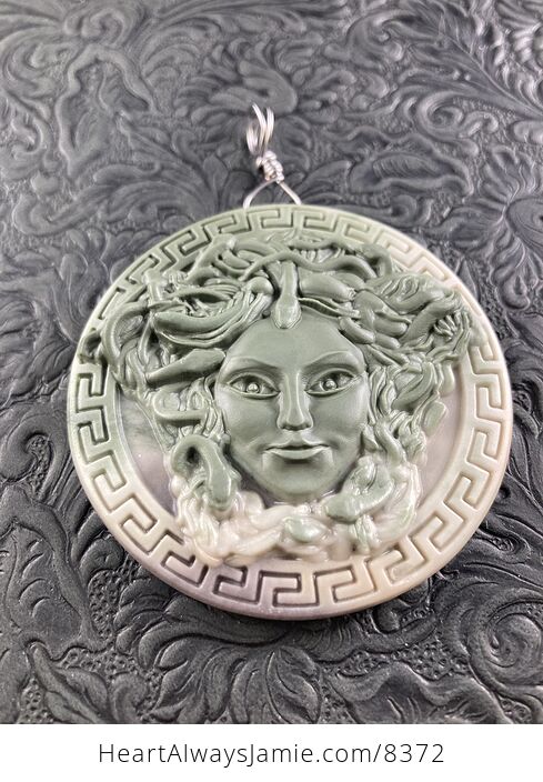 Carved Round Medusa Greek Mythology Gorgon Jasper Stone Jewelry Pendant - #ekYC7N51qjA-3