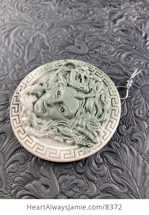 Carved Round Medusa Greek Mythology Gorgon Jasper Stone Jewelry Pendant - #ekYC7N51qjA-5