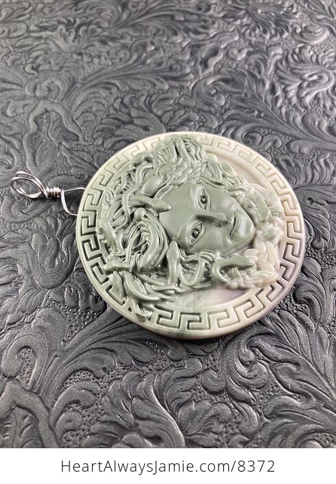 Carved Round Medusa Greek Mythology Gorgon Jasper Stone Jewelry Pendant - #ekYC7N51qjA-4