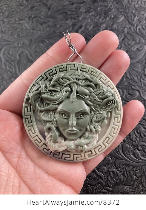Carved Round Medusa Greek Mythology Gorgon Jasper Stone Jewelry Pendant - #ekYC7N51qjA-1