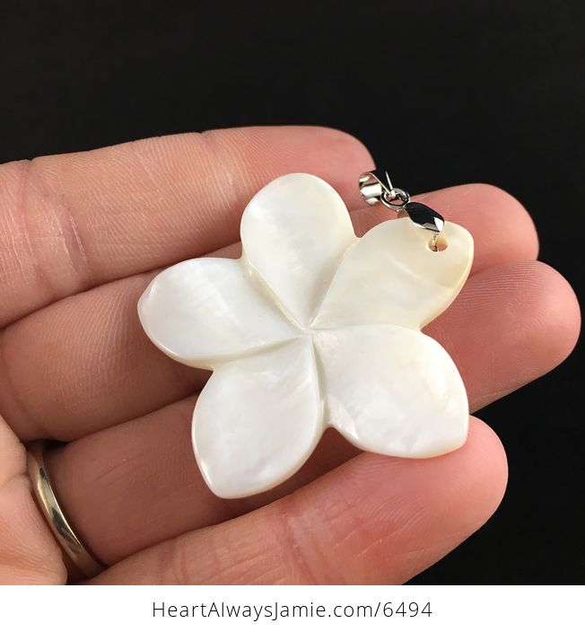 Carved White Shell Frangipani Plumeria Flower Jewelry Pendant - #uaAvRRuBREo-2