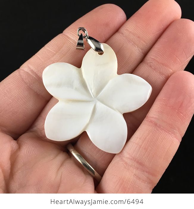 Carved White Shell Frangipani Plumeria Flower Jewelry Pendant - #uaAvRRuBREo-1