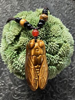 Chatoyant Tigers Eye Cicada Pendant Slip Knot Rope Necklace #vEzUF6es3MQ