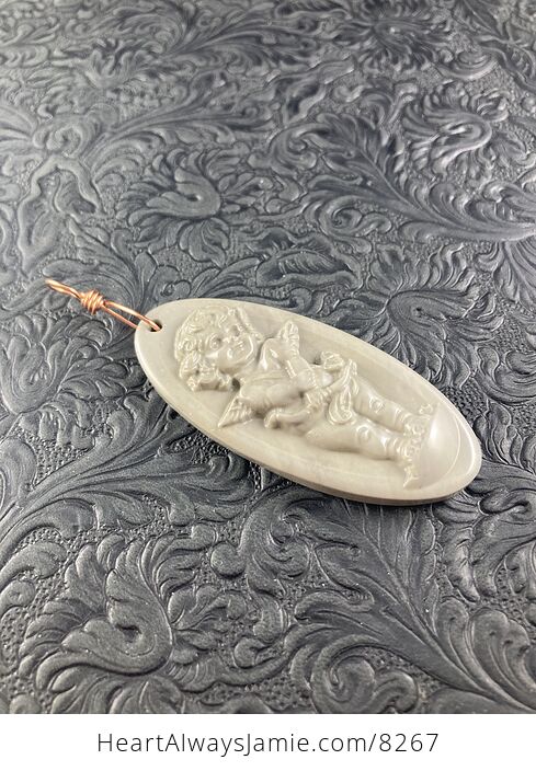 Cherub Cupid Carved Jasper Stone Jewelry Pendant - #MZkeE7vmNp8-5