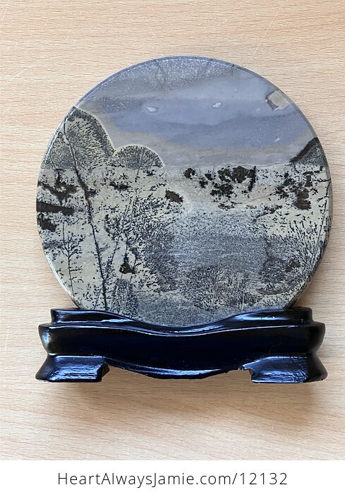 Chinese Dendritic Siltstone Painting Stone or Picture Jasper River Landscape Scene with Base - #gqRm42FUUo4-1