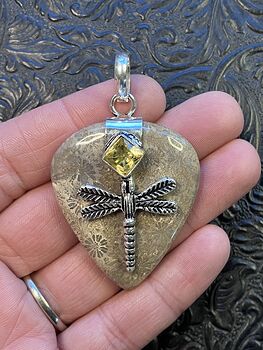 Citrine Dragonfly and Agatized Fossil Coral Gemstone Jewelry Crystal Pendant #uwxfvUbVqQM