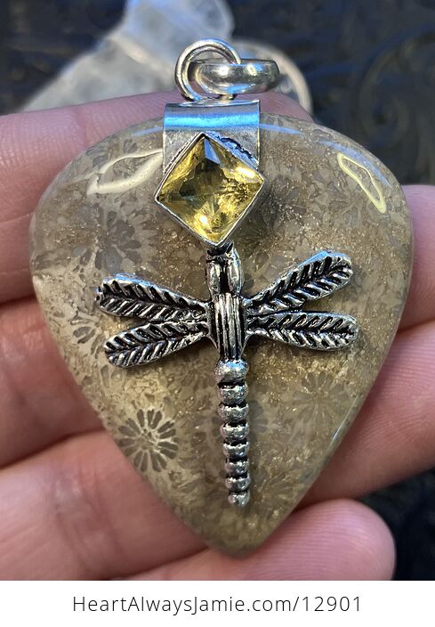 Citrine Dragonfly and Agatized Fossil Coral Gemstone Jewelry Crystal Pendant - #uwxfvUbVqQM-2