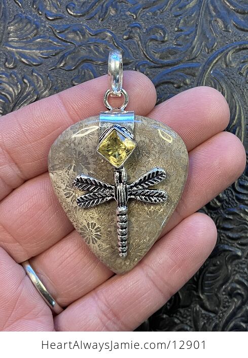 Citrine Dragonfly and Agatized Fossil Coral Gemstone Jewelry Crystal Pendant - #uwxfvUbVqQM-1