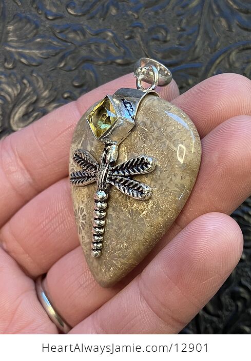 Citrine Dragonfly and Agatized Fossil Coral Gemstone Jewelry Crystal Pendant - #uwxfvUbVqQM-7