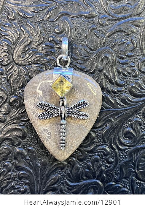 Citrine Dragonfly and Agatized Fossil Coral Gemstone Jewelry Crystal Pendant - #uwxfvUbVqQM-5