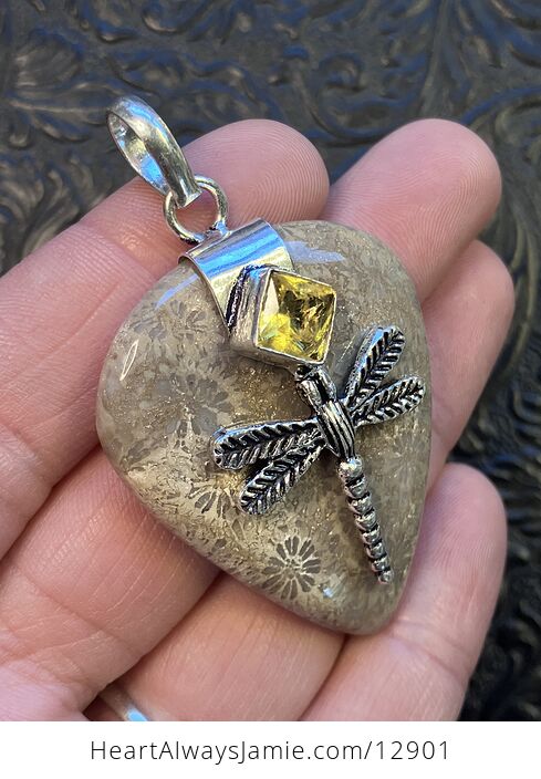 Citrine Dragonfly and Agatized Fossil Coral Gemstone Jewelry Crystal Pendant - #uwxfvUbVqQM-8