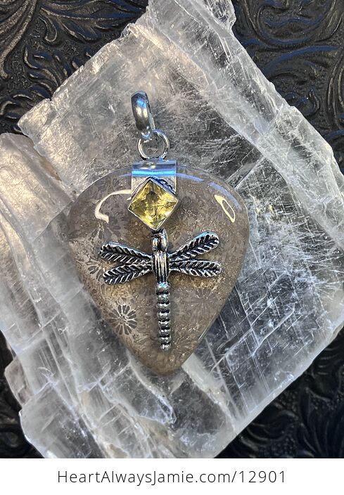 Citrine Dragonfly and Agatized Fossil Coral Gemstone Jewelry Crystal Pendant - #uwxfvUbVqQM-4