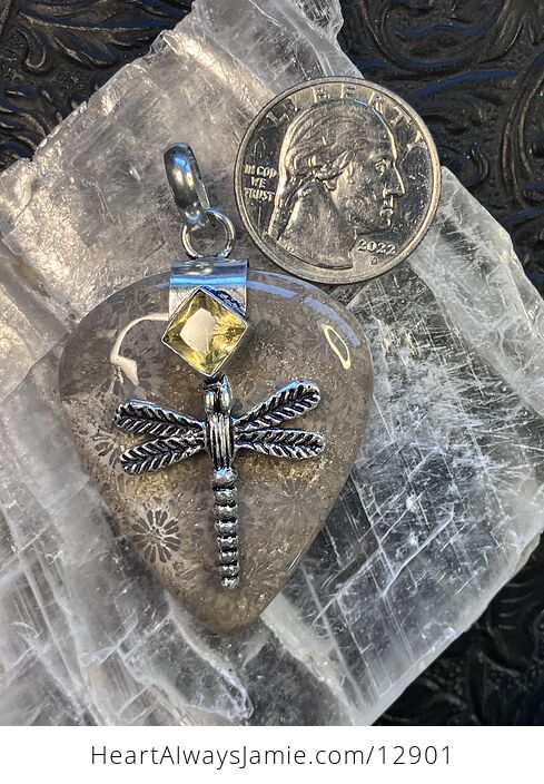 Citrine Dragonfly and Agatized Fossil Coral Gemstone Jewelry Crystal Pendant - #uwxfvUbVqQM-3