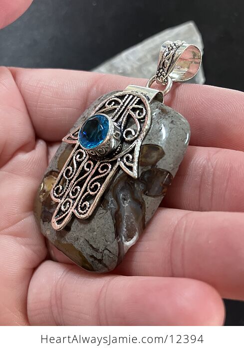 Coffee Bean Jasper and Blue Topaz Hamsa Hand Stone Crystal Jewelry Pendant - #XMYBT3Q3fLg-4