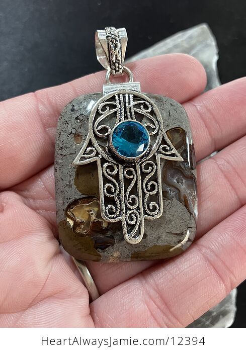 Coffee Bean Jasper and Blue Topaz Hamsa Hand Stone Crystal Jewelry Pendant - #XMYBT3Q3fLg-1