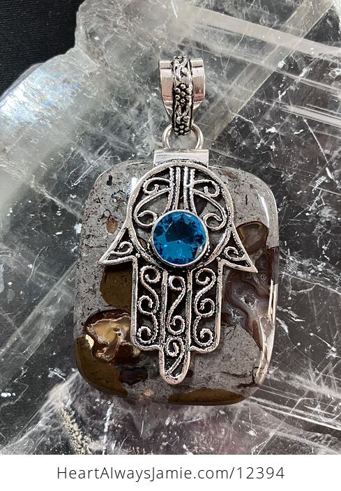 Coffee Bean Jasper and Blue Topaz Hamsa Hand Stone Crystal Jewelry Pendant - #XMYBT3Q3fLg-2