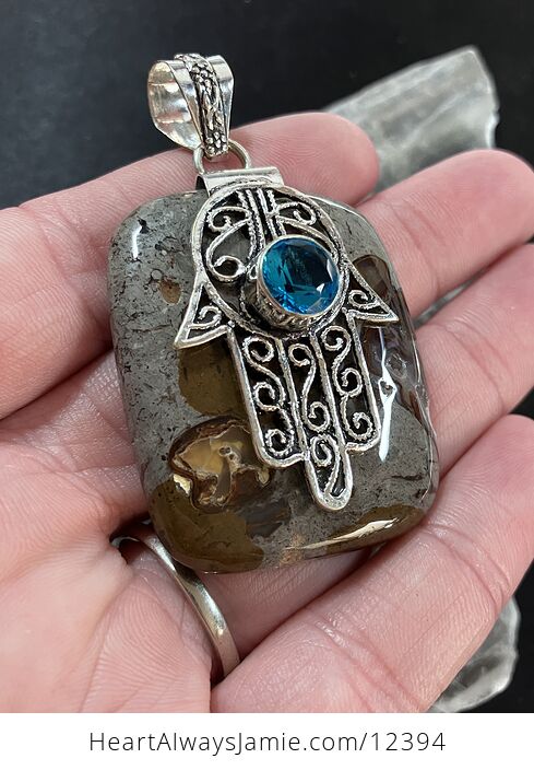 Coffee Bean Jasper and Blue Topaz Hamsa Hand Stone Crystal Jewelry Pendant - #XMYBT3Q3fLg-3