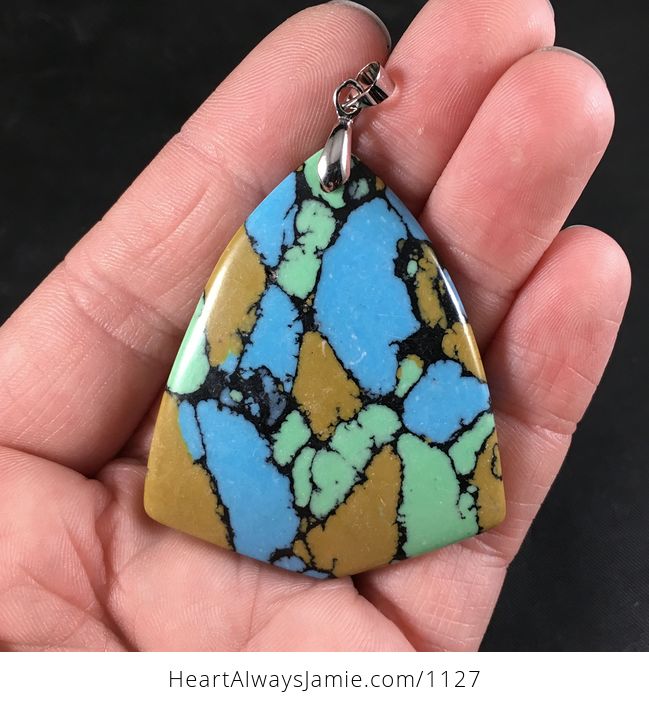 Colorful Blue Yellow Green and Black Triangular Synthetic Stone Pendant - #aacEUity6iU-1