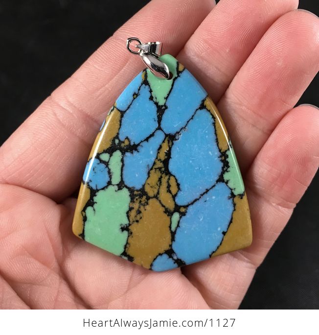 Colorful Blue Yellow Green and Black Triangular Synthetic Stone Pendant Necklace - #aacEUity6iU-2