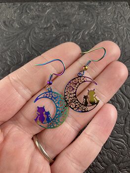 Colorful Chameleon Metal Cat and Moon Earrings #HD0Ymt458IM