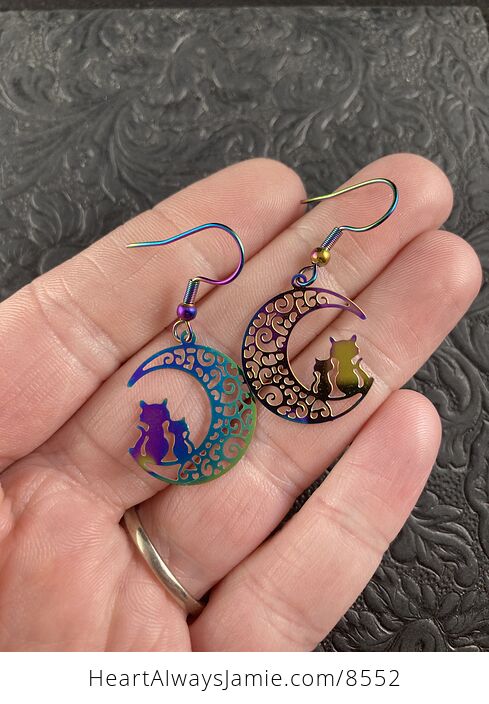 Colorful Chameleon Metal Cat and Moon Earrings - #HD0Ymt458IM-1