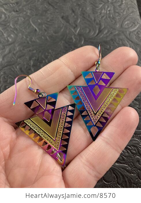 Colorful Chameleon Metal Geometric Triangles and Texture Earrings - #yyqFGQLhExA-2
