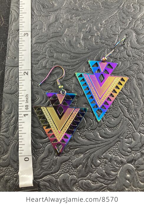Colorful Chameleon Metal Geometric Triangles and Texture Earrings - #yyqFGQLhExA-4