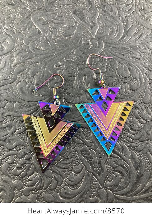 Colorful Chameleon Metal Geometric Triangles and Texture Earrings - #yyqFGQLhExA-1