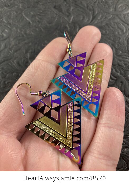 Colorful Chameleon Metal Geometric Triangles and Texture Earrings - #yyqFGQLhExA-3